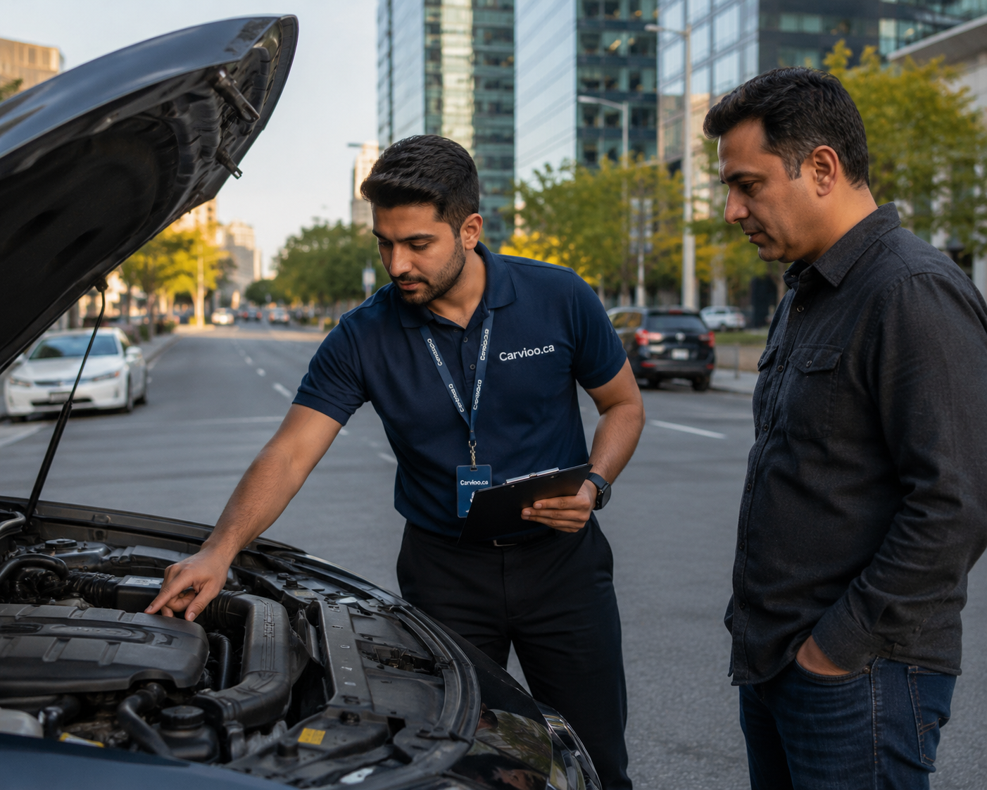 A Carvioo inspector showing a customer the engine bay during a driveway inspection