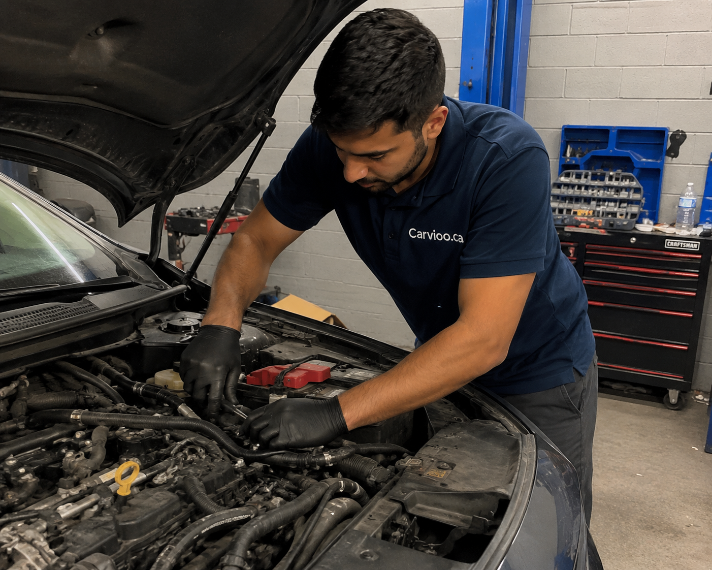 A Carvioo mechanic working on an engine in the workshop