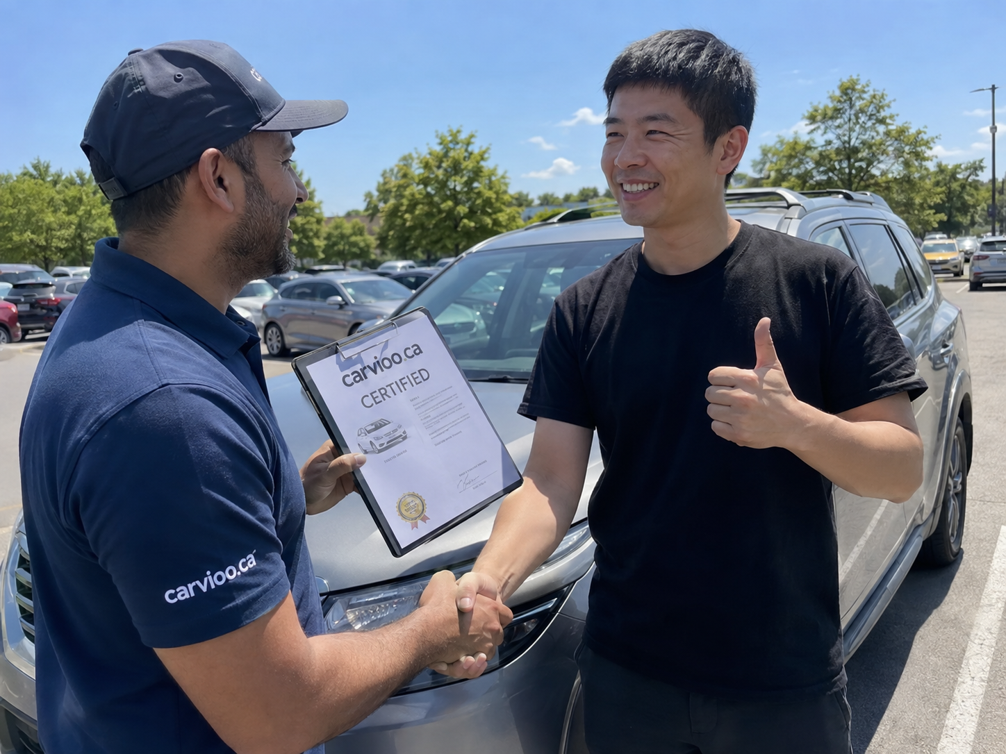 A Carvioo staff member handing over the certification document to a customer