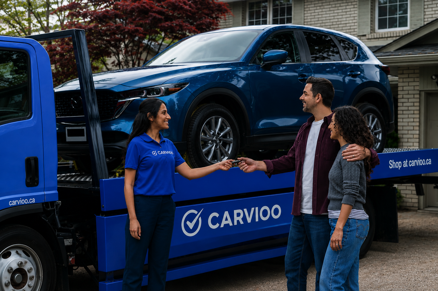 Two Carvioo staff loading a car onto a flatbed truck