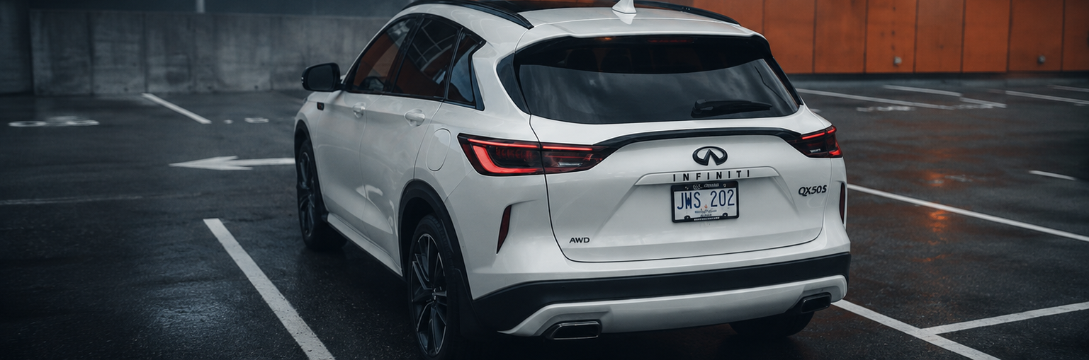 A white Infiniti QX50 parked in an empty lot at dusk
